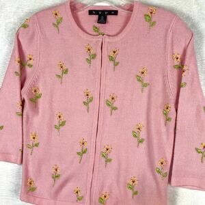 Hype Women S Coquette Pink Floral Embroidered Daisies Cardigan Sweater Soft Girl